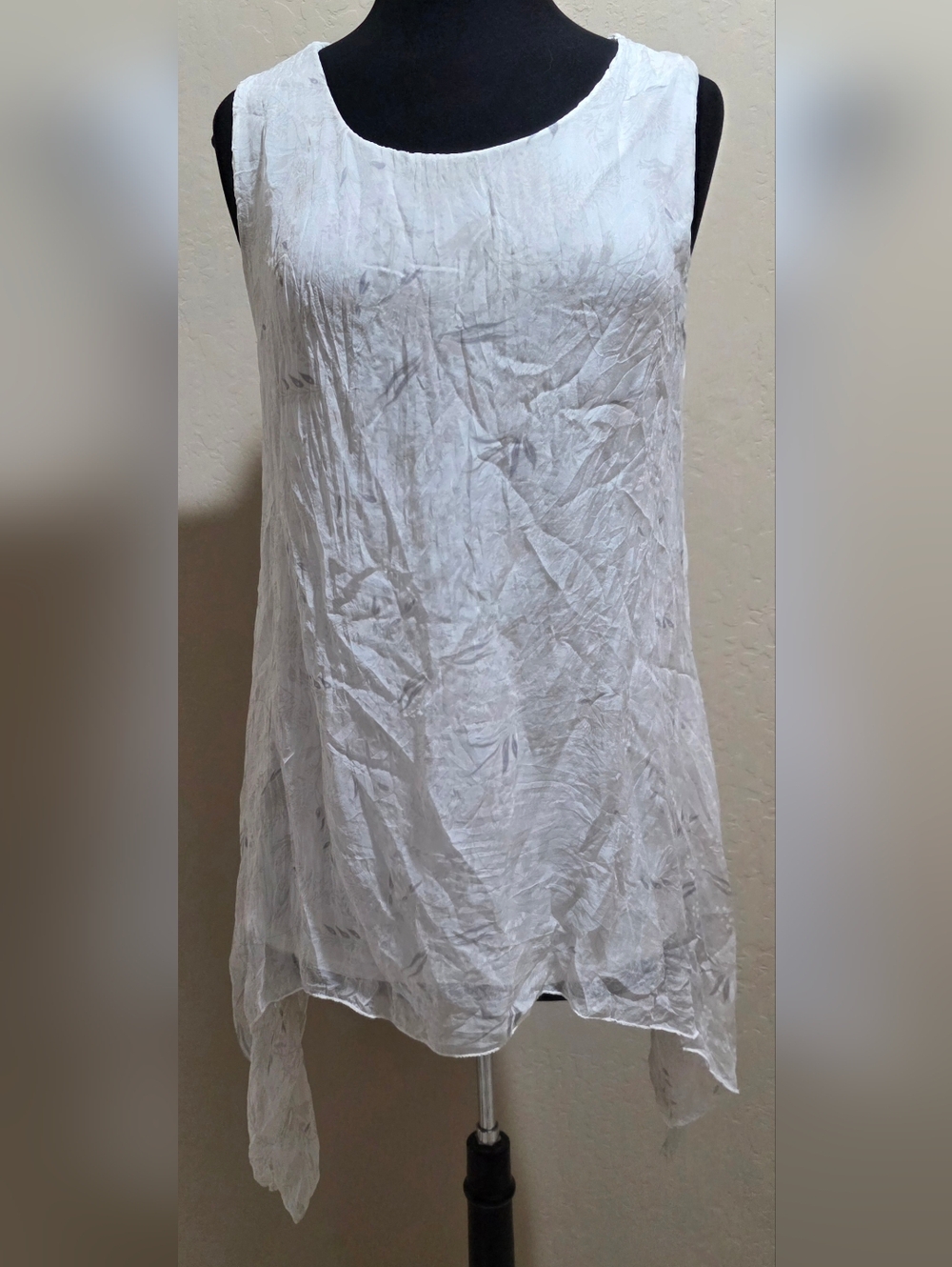 Giusy Italy Flowy White Silk Sheer Overlay Tank Top Large  Irregular Hem
